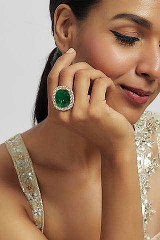 Gold Finish Zircon & Emerald Stone Ring by Moh-Maya by Disha Khatri